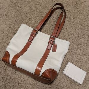 Coach White and Brown Tote Bag With Matching Wallet